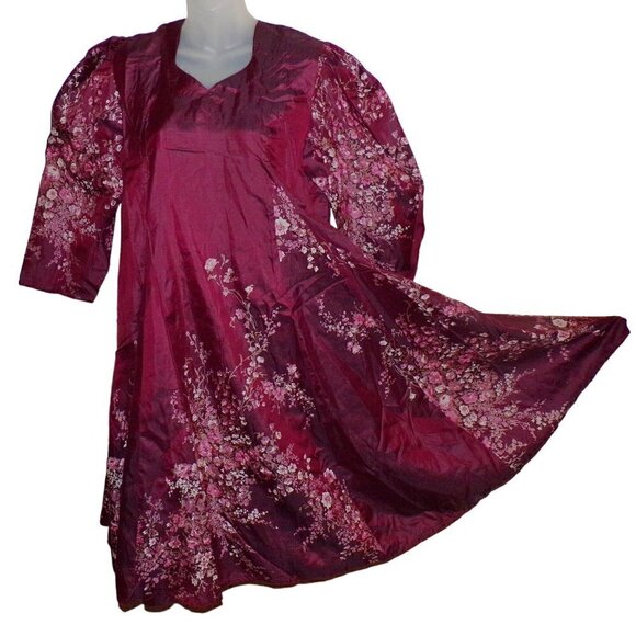 Vintage Maroon Floral 100% Silk Dress Salwar India Style Gorgeous!! L - Picture 1 of 9